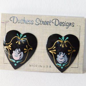VTG~Hand-Painted Flower Heart Shaped Earrings~USA